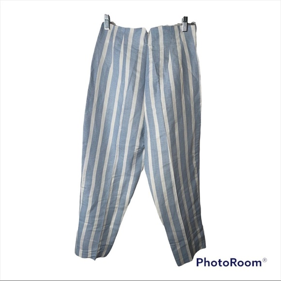 ZARA Blue White Striped Linen Blend High Rise Cropped Pants Medium - Picture 12 of 14